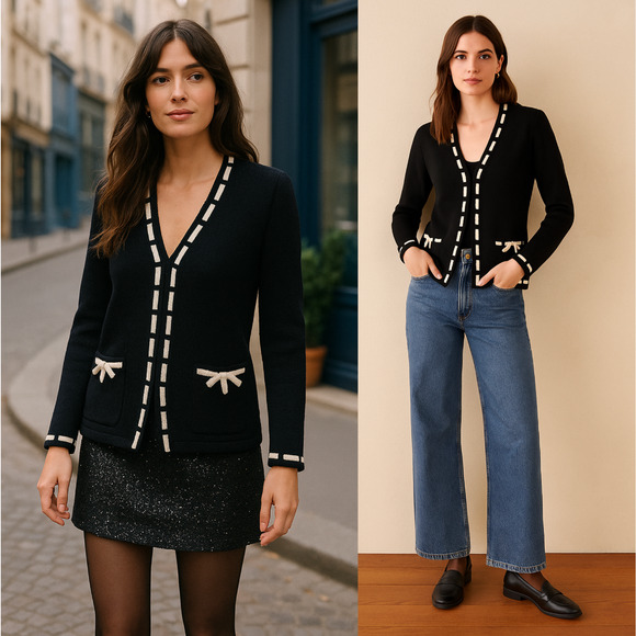 St. John 8 Santana Knit 100% Wool Cardigan Sweater Contrast Trim Jacket Black - Picture 1 of 9